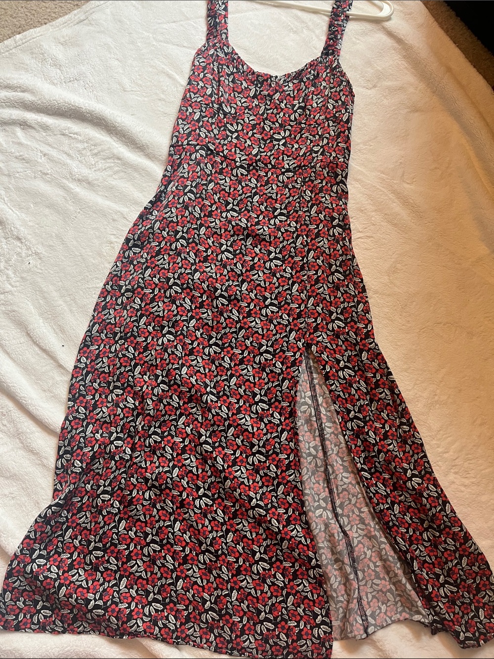 Zara Black Maxi Skirt with Red Floral Print and Side Slit